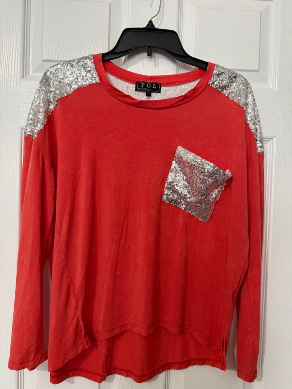 POL Red Long Sleeve Top with Silver Sequin Shoulders and Pocket